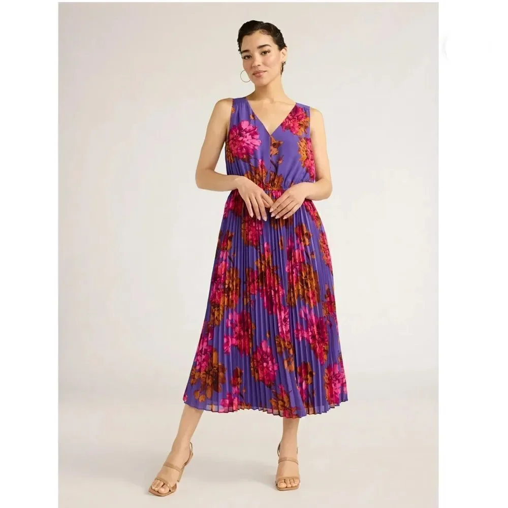 Sofia Vergara Sleeveless Pleated V-Neck Sheer Dress, Above Ankle Length, Size S - Picture 5 of 8